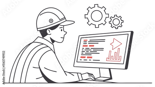 Industrial Engineer Coding and Analyzing Data. Technology Development & Project Management Concept with Gears. Line Art Illustration.