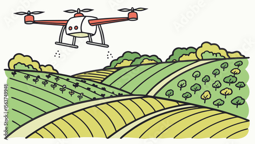 Drone spraying crops over green agricultural fields, illustrating modern smart farming and precision agriculture technology