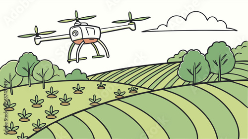 Agricultural drone overseeing crops in a field. Modern farming technology for precision agriculture illustration.