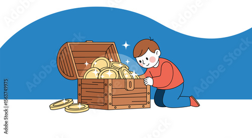 Young boy discovering a treasure chest filled with gleaming gold coins and treasures