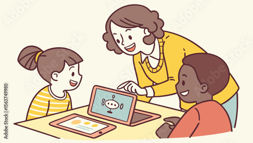 Teacher and diverse kids learning STEM with laptop and tablet. Early technology education, coding, and robotics for young students.
