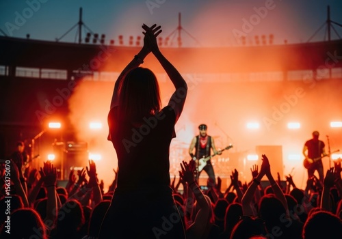 Concert crowd enjoying live music performance at rock festival event stage