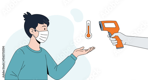 Checking body temperature for detecting illness or fever with a non contact thermometer during pandemic prevention measures and public health safety awareness