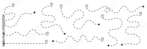set of Route location icon two pin sign and dotted line. map path distance icon, pinpoint, map search, route, Route icon, two points with dotted path and location pin