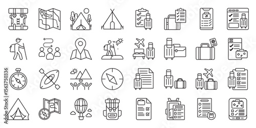 Adventure Travel Packing Essentials set of web icons in line style. adventure packing list, travel essentials, hiking gear and camping equipment.Vector illustration