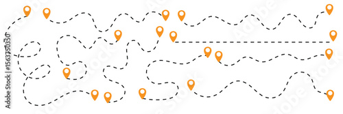 set of Route location icon two pin sign and dotted line. map path distance icon, pinpoint, map search, route, Route icon, two points with dotted path and location pin