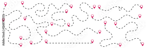 set of Route location icon two pin sign and dotted line. map path distance icon, pinpoint, map search, route, Route icon, two points with dotted path and location pin