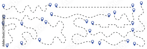 set of Route location icon two pin sign and dotted line. map path distance icon, pinpoint, map search, route, Route icon, two points with dotted path and location pin