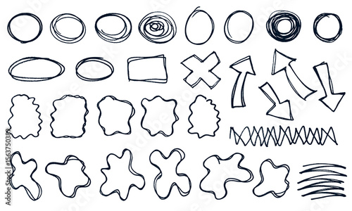 A collection of hand-drawn doodle elements, including circles, arrows, abstract shapes, wavy frames, and doodles. Drawn with pencil or chalk in a rough, informal style