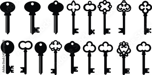Extensive Ornamental Skeleton Key Vector Silhouettes Set: Black Icons Featuring Various Antique and Vintage Designs with Ornate Bows for Security, Mystery, Access, and Decorative Graphics.