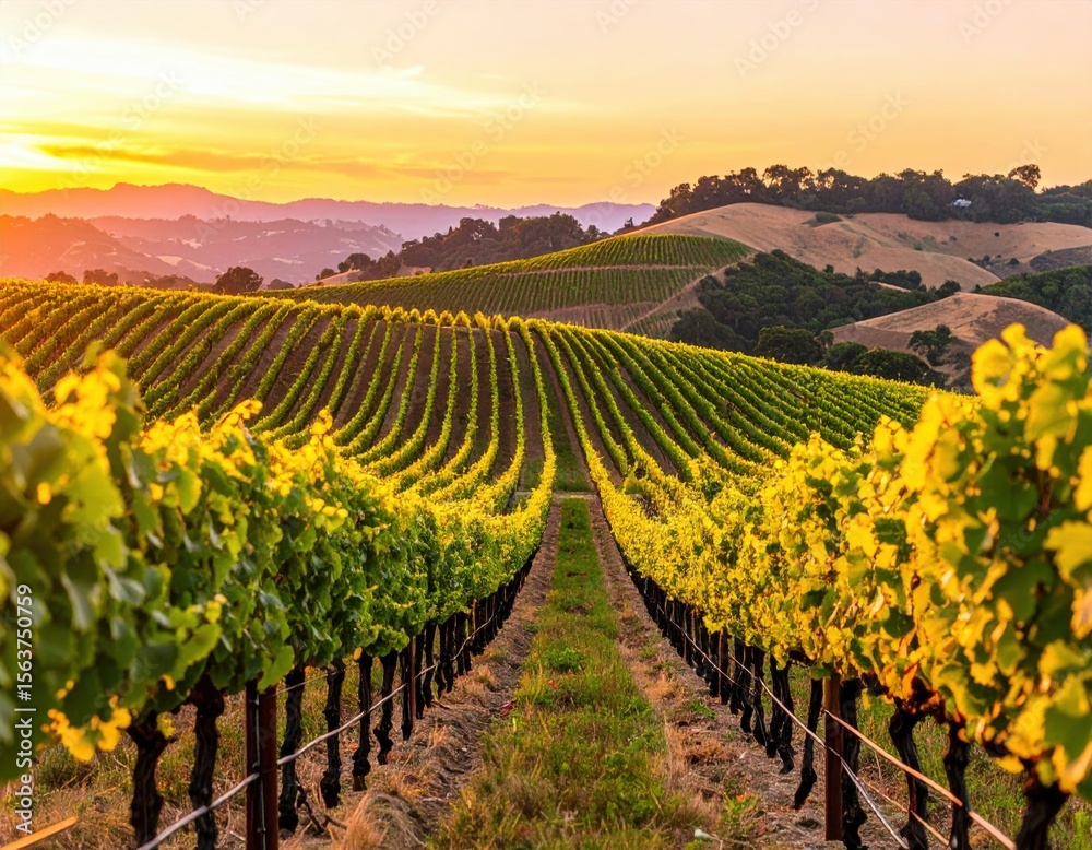 Obraz premium Vineyard Rows At Sunset