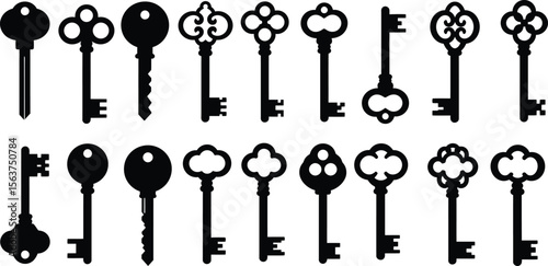 Complete Antique and Ornate Skeleton Key Vector Silhouettes: Large Black Icon Collection Featuring Diverse Vintage Designs for Security, Access, Mystery, and Historical Graphics.
