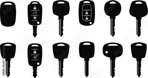 Modern & Traditional Car Key Fob Silhouettes - Automotive Ignition, Remote Entry & Vehicle Security Icons.