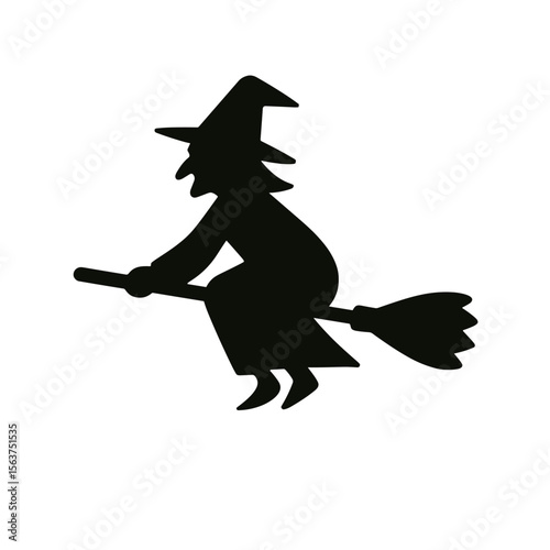 A silhouette of a witch, complete with a pointed hat, rides her broomstick against the moonlit backdrop. A classic Halloween themed scene. vector illustration