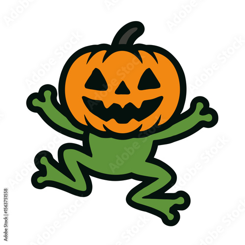 An amusing cartoon frog wears a carved pumpkin head for Halloween. vector illustration