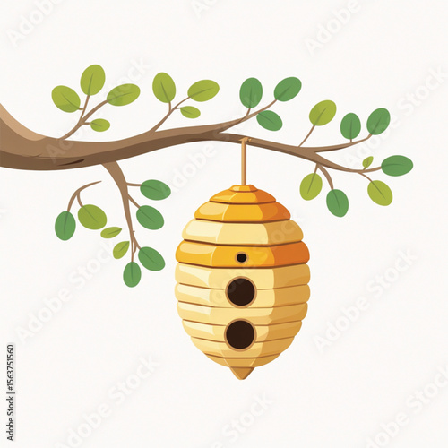 Honey bee hive, an isolated bee nest hanging on a tree branch, a nesting home for the swarm. Vector illustration of a honey bee hive.
