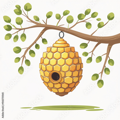 Honey bee hive, an isolated bee nest hanging on a tree branch, a nesting home for the swarm. Vector illustration of a honey bee hive.