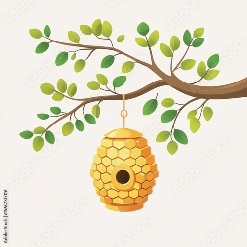 Honey bee hive, an isolated bee nest hanging on a tree branch, a nesting home for the swarm. Vector illustration of a honey bee hive.
