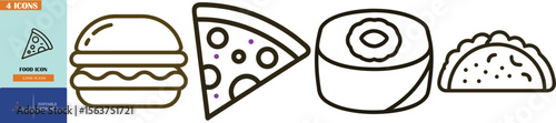 Delicious Food Icons: Burger, Pizza Slice, Sushi Roll, and Taco Line Art Illustration