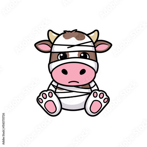 A cartoon cow wearing bandage shows sad emotion, capturing its adorable appeal. vector illustration