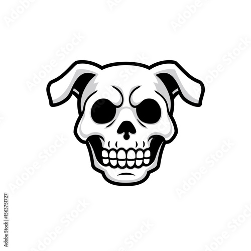 A stylized, skull-like illustration of an animal's head, featuring cartoonish ears, dark eye sockets, and a grinning mouth. vector illustration