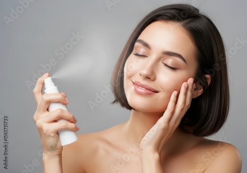 Woman spraying facial mist for skincare hydration and refreshing routine