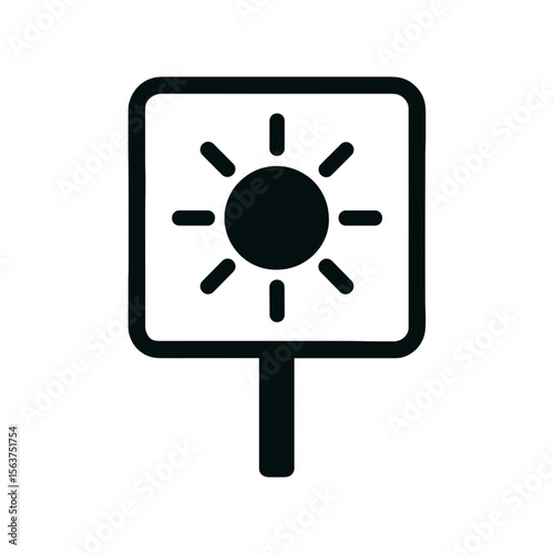 An illustrated sign bearing a radiant sun, symbolizing weather forecast, stands against a clean backdrop, perfect for weather-related content. vector illustration