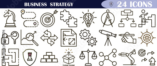 Comprehensive Set of 24 Business Strategy Icons, Linear Style Design Elements for Presentations and Websites