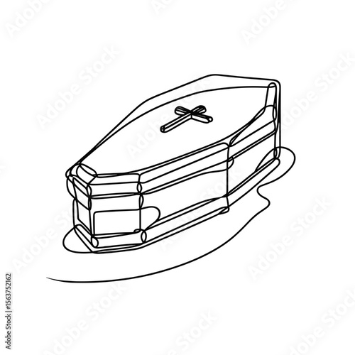 Line art illustration of a coffin with a cross on white background  