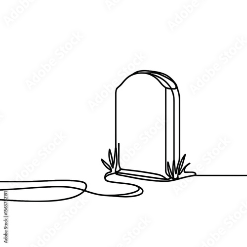 Simple line drawing of gravestone with grass and path on ground  