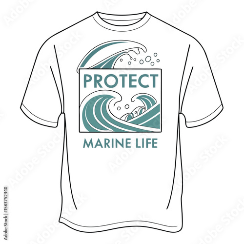 White t-shirt with an ocean wave, promoting marine life protection and water conservation.