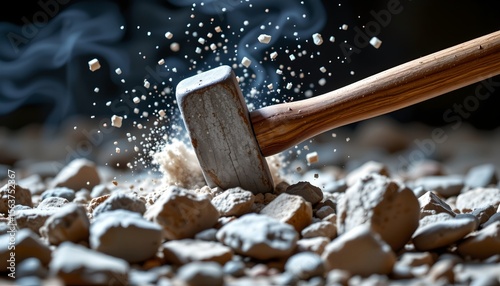 the image displays a dramatic scene of a large hammer being used to shatter rocks with a forceful motion that creates a cloud of dust around it