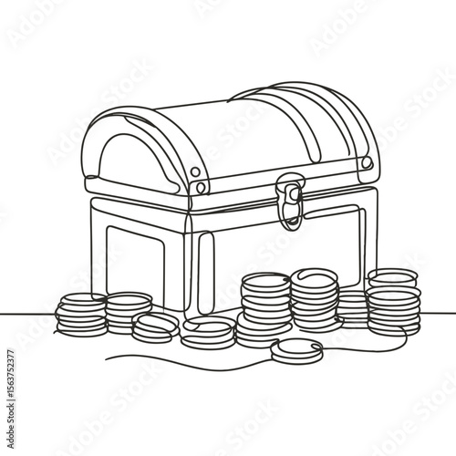 Treasure chest filled with gold coins in minimal line art style  