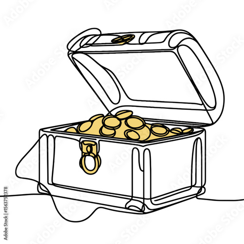 Open treasure chest filled with gold coins in line art style  