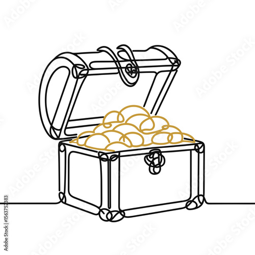 Treasure chest filled with gold coins in minimalist line art style  