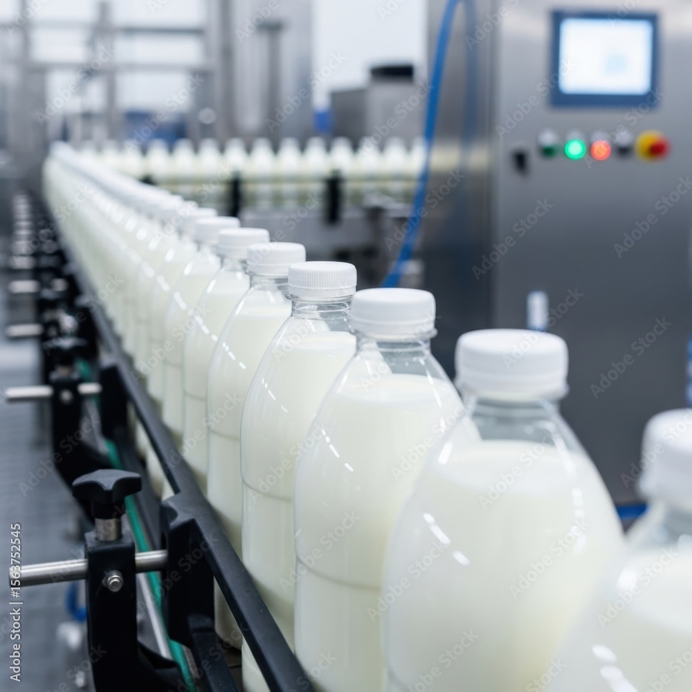 Obraz premium Milk production line bottles conveyor belt dairy factory processing plant