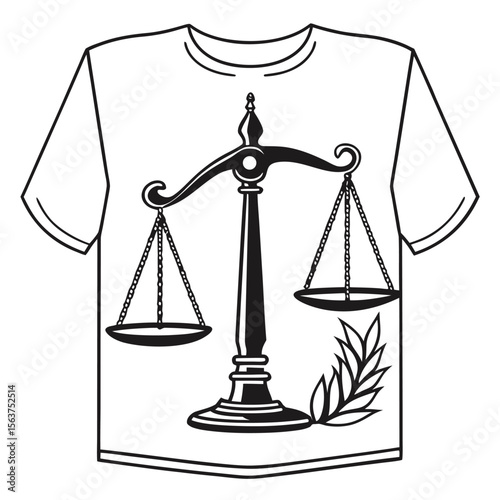 White t-shirt with a clear scales symbol, representing justice, fairness, and legal equality.