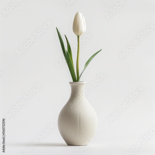 An isolated, ultra-detailed photograph of piece of Minimalist ceramic vase with a single tulip on a white background - clean, aesthetic, isolated on a white background