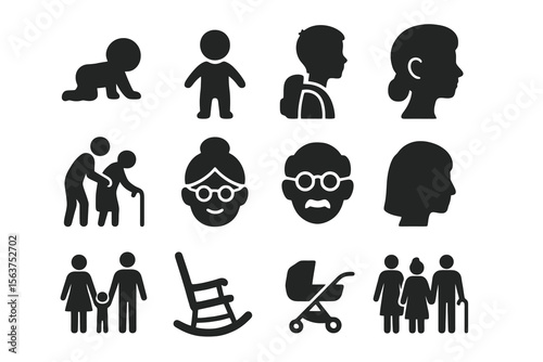 Black icons on white background for all ages. Minimal vector set for intergenerational design.