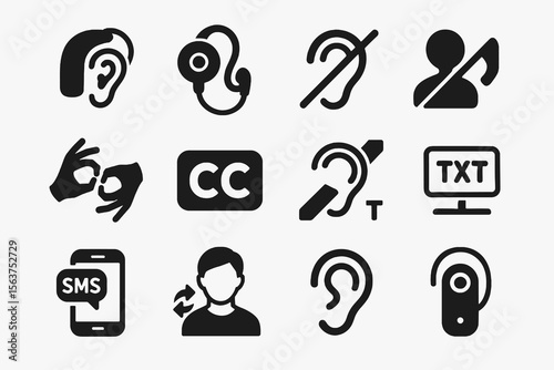 12 black hearing accessibility icons on white. Vector for communication, inclusion, and support.