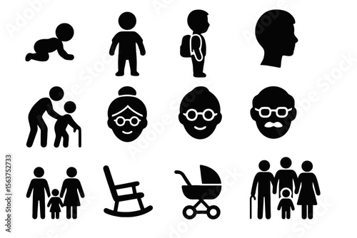 12 black age diversity icons on white. Vector for children, elders, and family inclusion.

