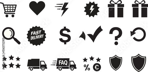 E-commerce Shopping Icon Set with Flat Vector Symbols for Fast Delivery, Customer Support, Discount Offers, Quality Guarantee, Secure Payment, and Online Store Interface Graphic Design.