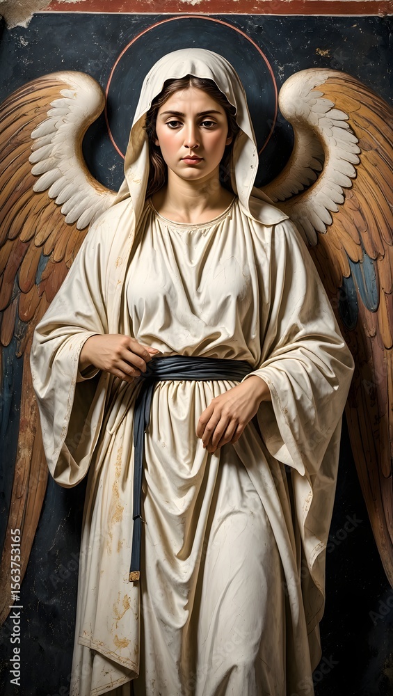 Naklejka premium Angelic figure with wings in renaissance style painting art religious artwork