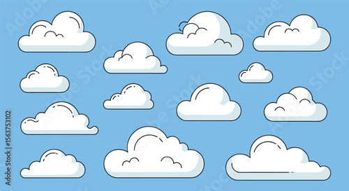 Collection of fluffy white cumulus clouds scattered across a clear blue sky backdrop illustrating weather patterns and atmospheric phenomena