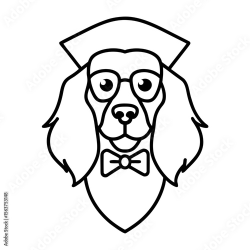 Decent field spaniel dog face wearing graduation cap, sunglasses and bow tie vector line art illustration