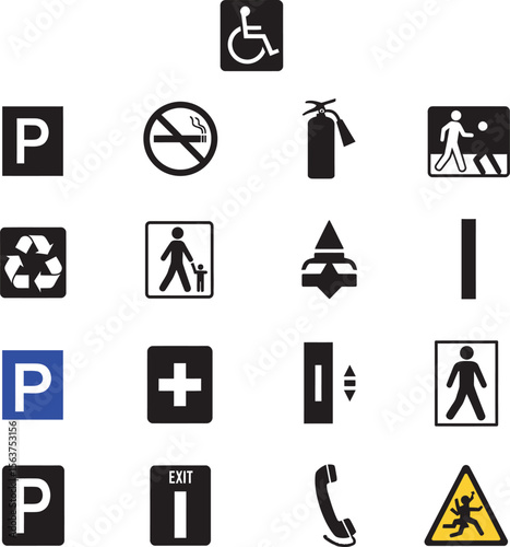 Comprehensive Warning & Prohibitory Signs Set: Danger, Biohazard, Accessibility, and Traffic Icons.