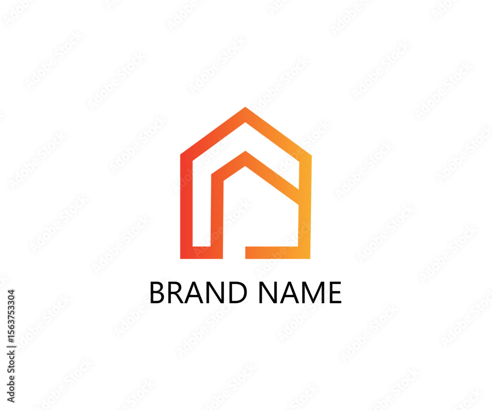 Fototapeta premium Flat modern home icon with orange line roof and geometric foundation