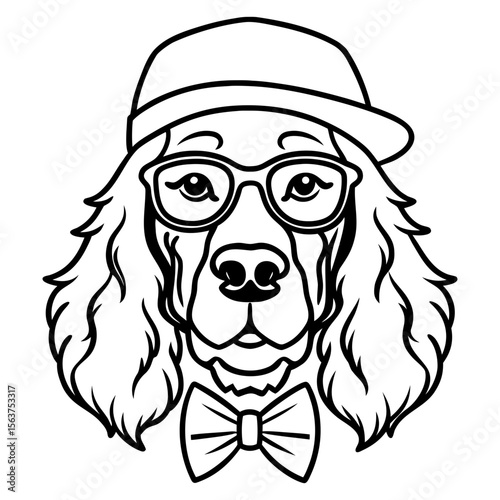 Decent field spaniel dog face wearing hat, sunglasses and bow tie vector line art illustration