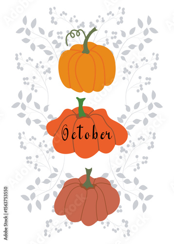 Autumn banner A set of orange pumpkins with different ornaments. Harvest season, fall illustration. Vector collection	