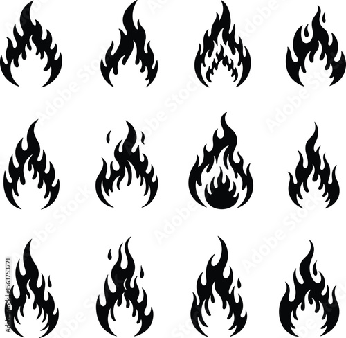 Dynamic Fire Flames Icons Set: Red and Orange Hot Blaze Elements for Energy, Heat, and Danger Concepts.